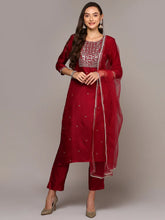 Women Silk Blend Wine Rogan Work Straight Kurta Pant With Dupatta PKSKD1941A